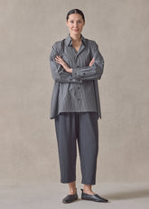 striped cotton wide a-line shirt with collar - long (charcoal)