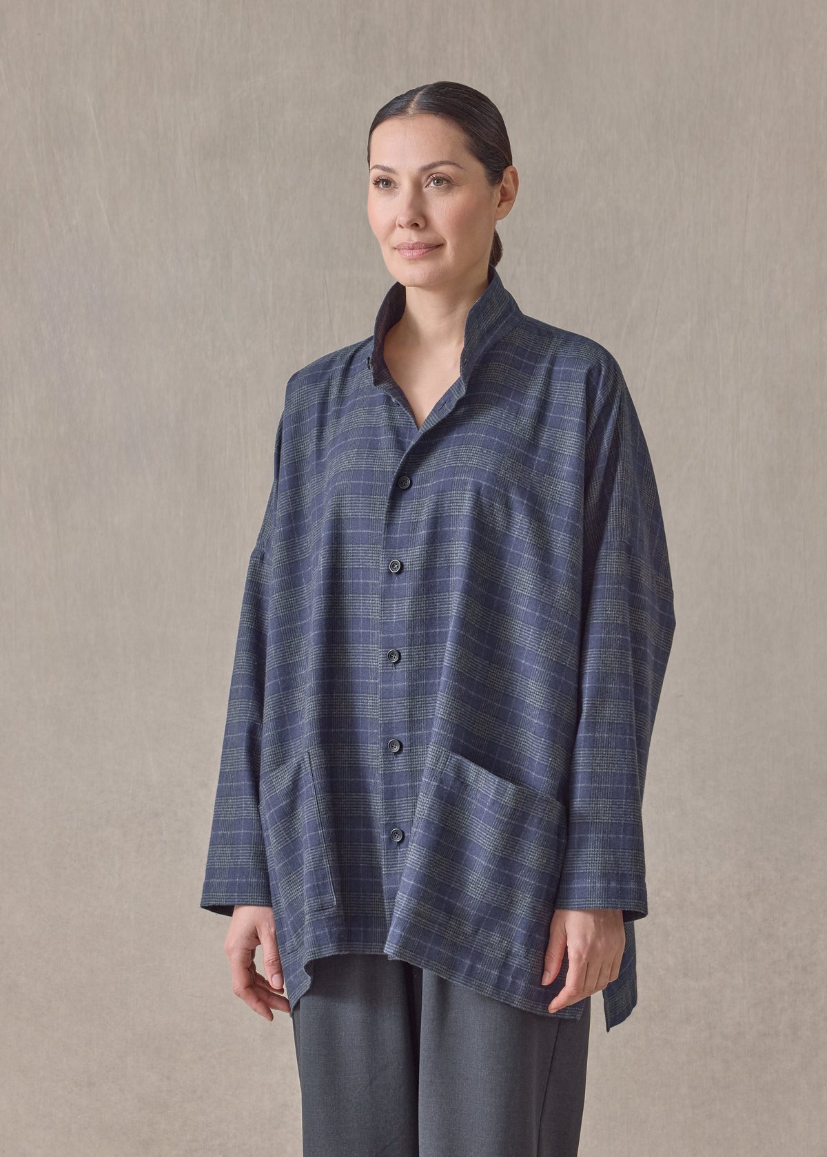 cotton wide longer back shirt jacket with double stand collar - long (navy)