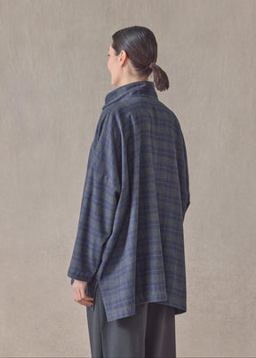 cotton wide longer back shirt jacket with double stand collar - long (navy)