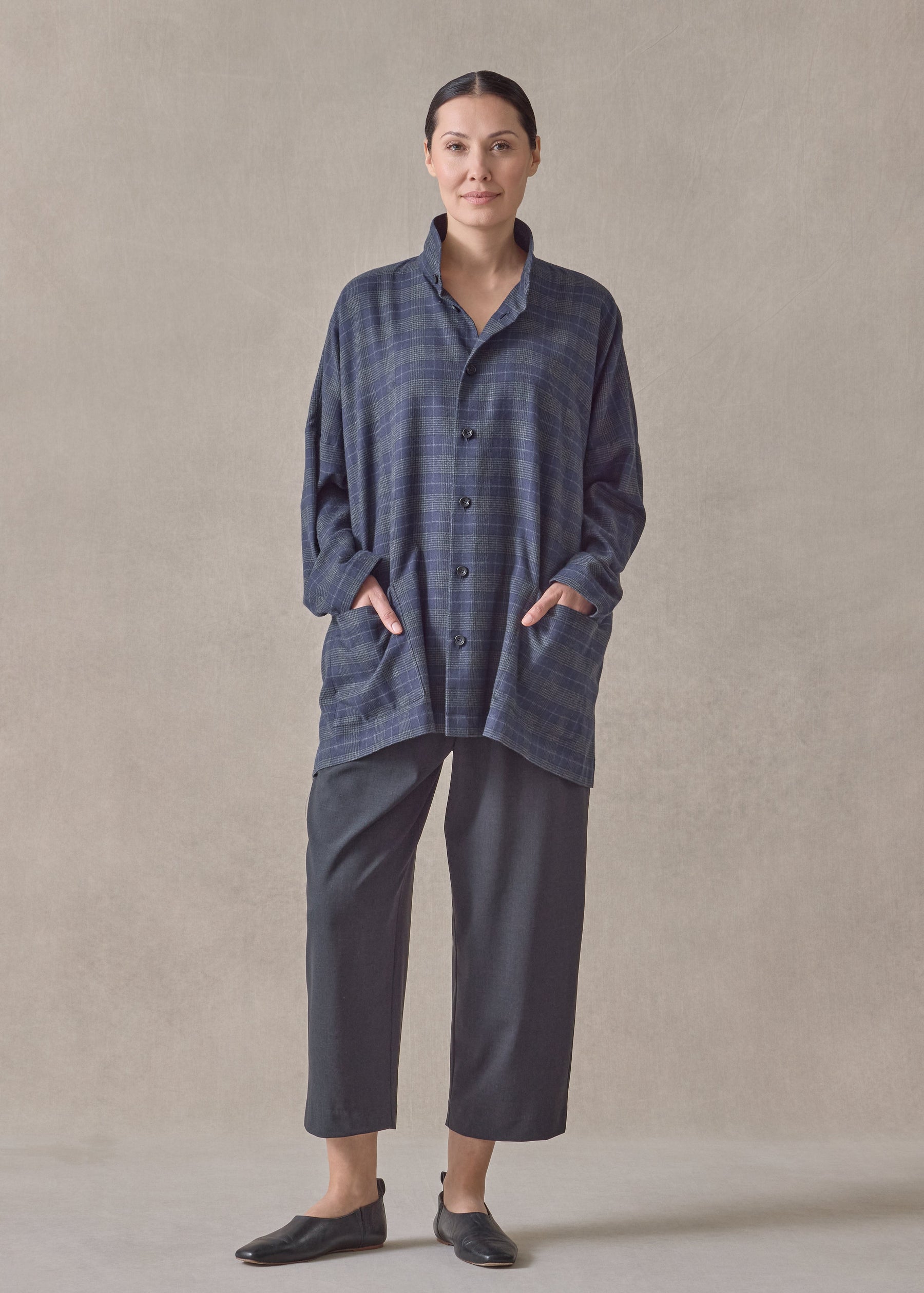 cotton wide longer back shirt jacket with double stand collar - long (navy)