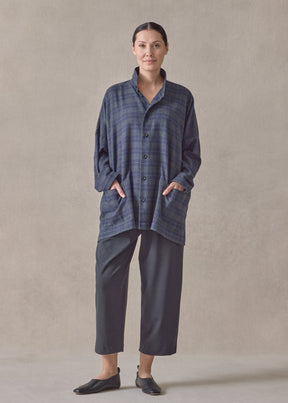 cotton wide longer back shirt jacket with double stand collar - long (navy)