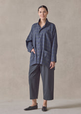 cotton wide longer back shirt jacket with double stand collar - long (navy)