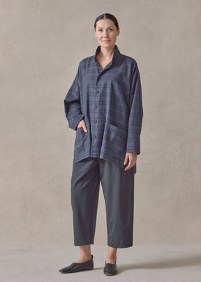 cotton wide longer back shirt jacket with double stand collar - long (navy)