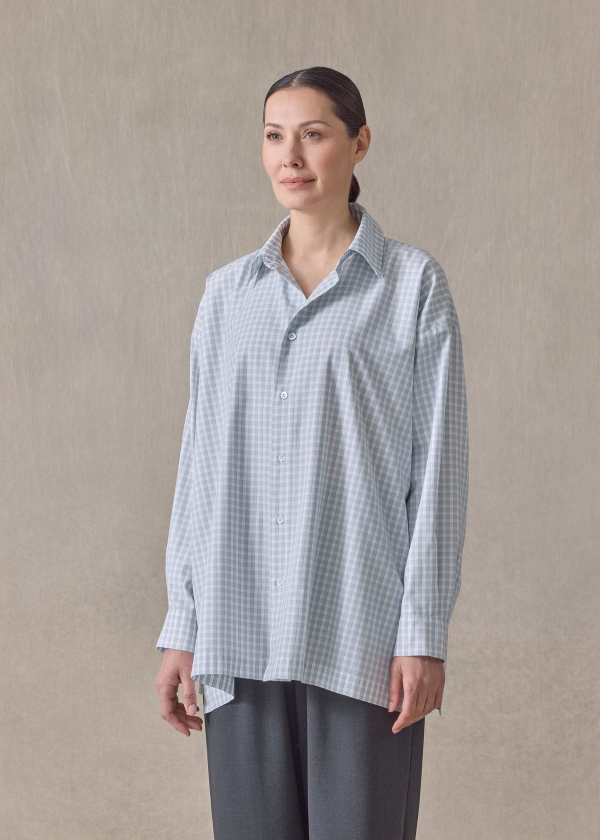 cotton mix slim a-line shirt with collar and stepped insert - long (blue)