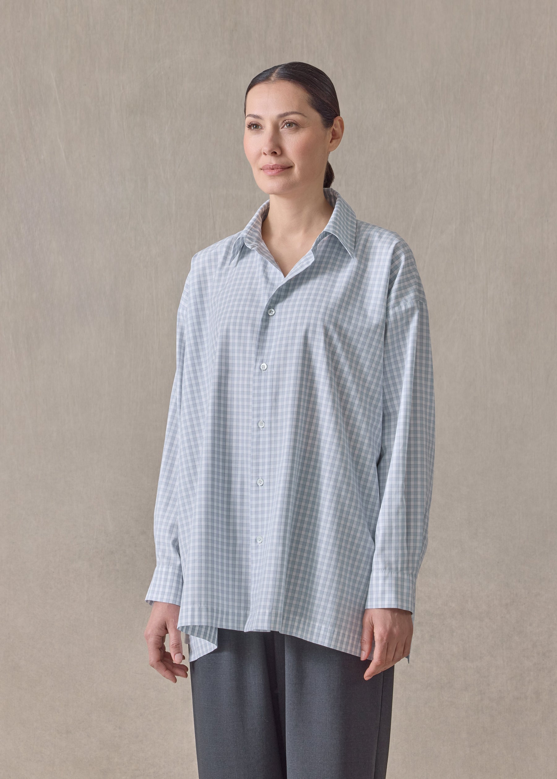 cotton mix slim a-line shirt with collar and stepped insert - long (blue)