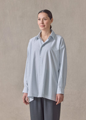 cotton mix slim a-line shirt with collar and stepped insert - long (blue)