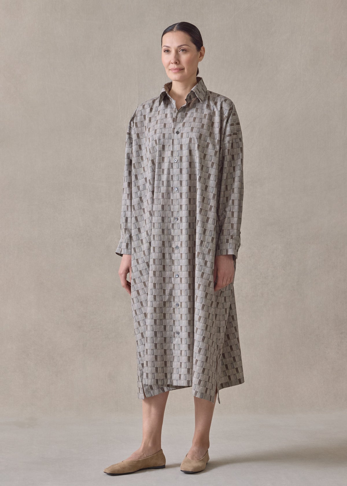 printed cotton wide a-line shirt dress with collar (olive)