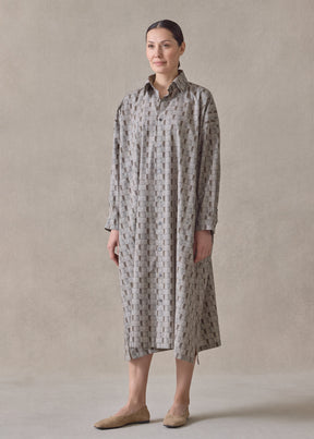 printed cotton wide a-line shirt dress with collar (olive)