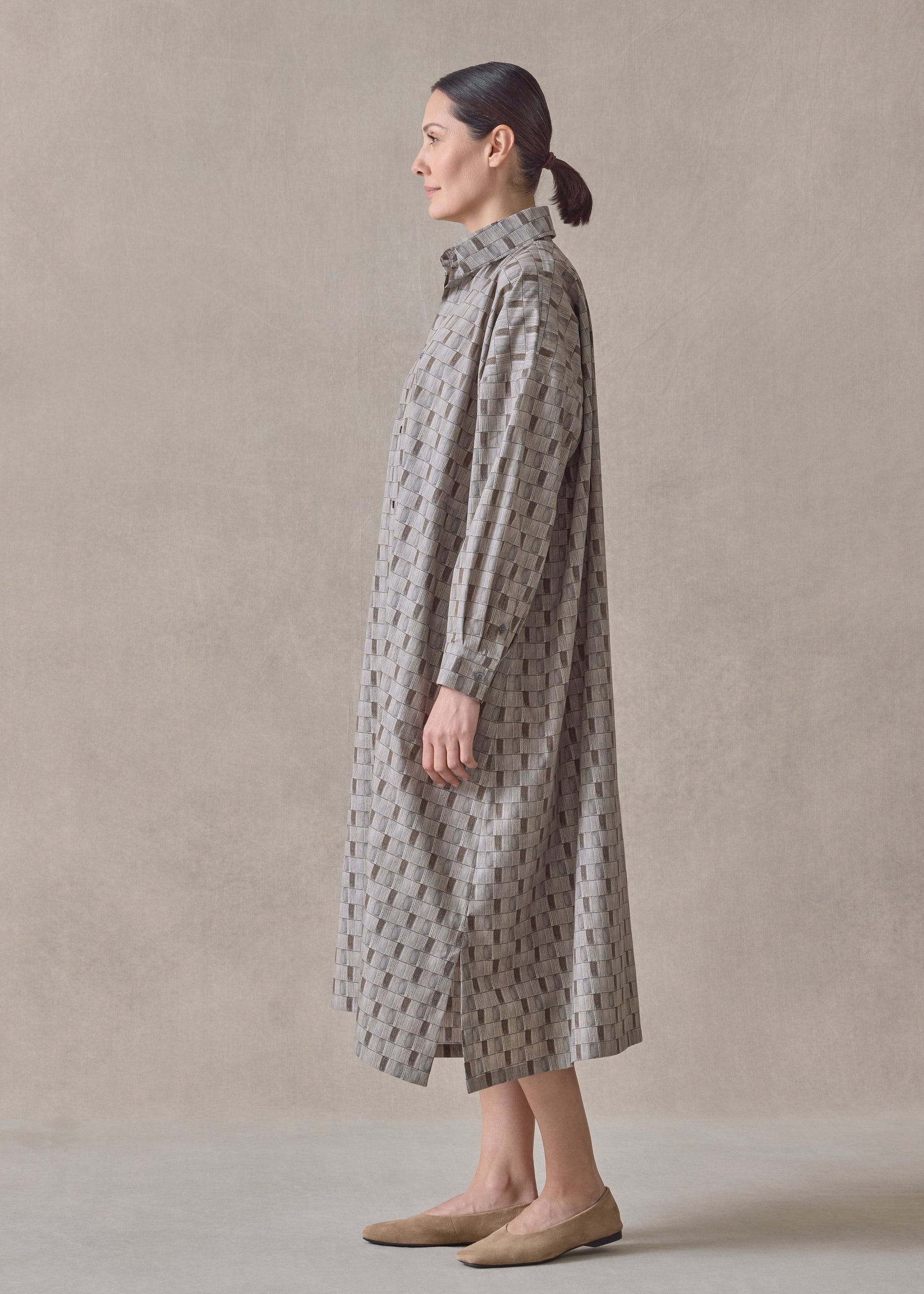printed cotton wide a-line shirt dress with collar (olive)