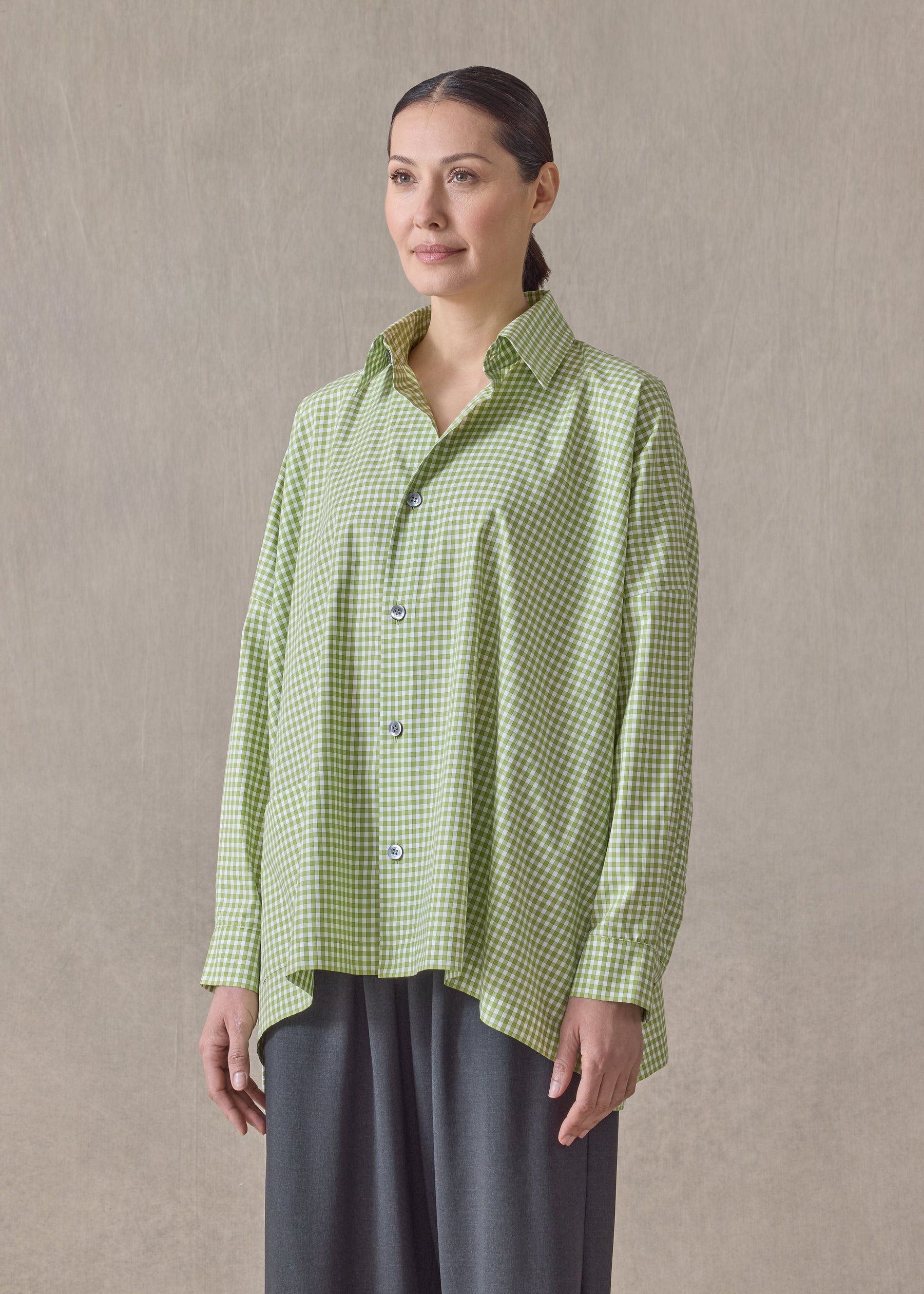 cotton wide longer back shirt jacket with collar-mid plus (limelight)