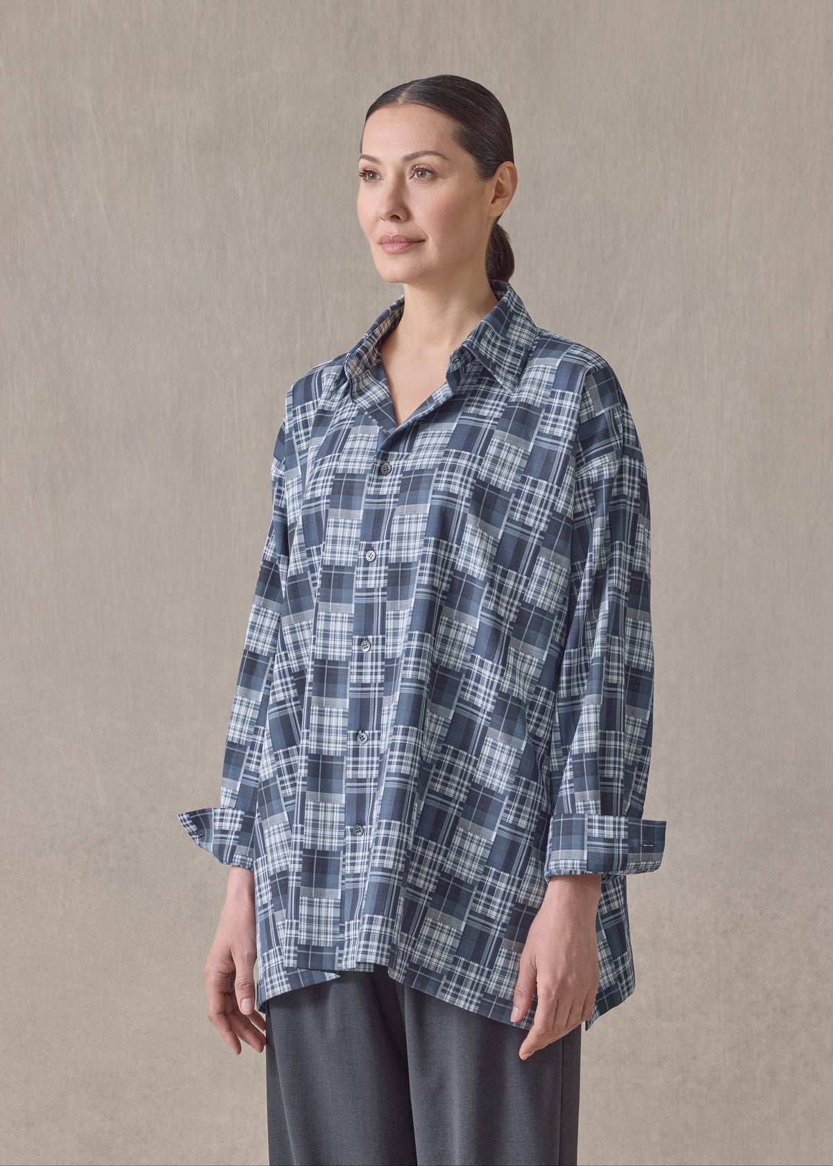 cotton slim a-line shirt with collar and stepped insert-long (jean)
