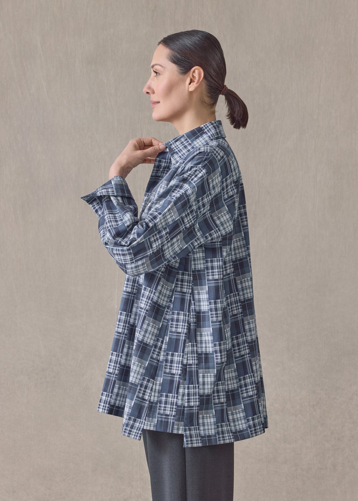 cotton slim a-line shirt with collar and stepped insert-long (jean)