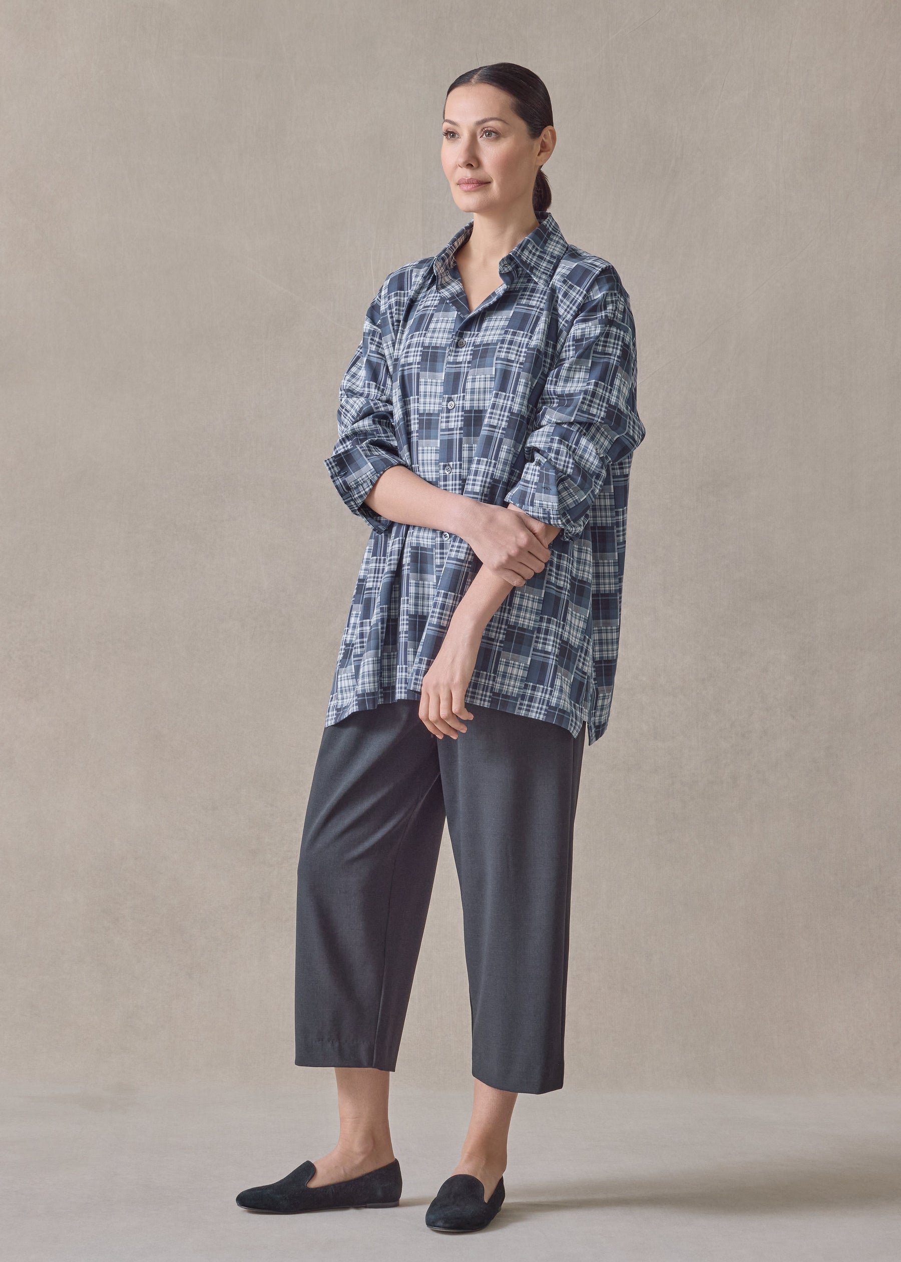 cotton slim a-line shirt with collar and stepped insert-long (jean)
