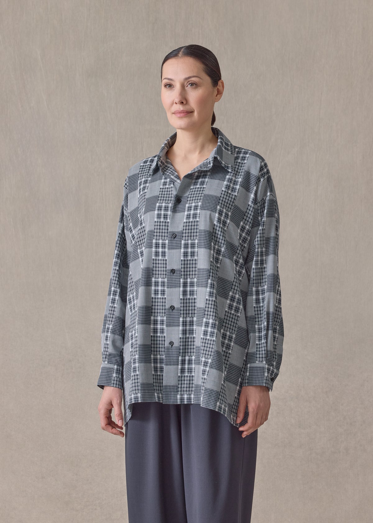 cotton slim a-line shirt with collar and stepped insert - long (navydark)