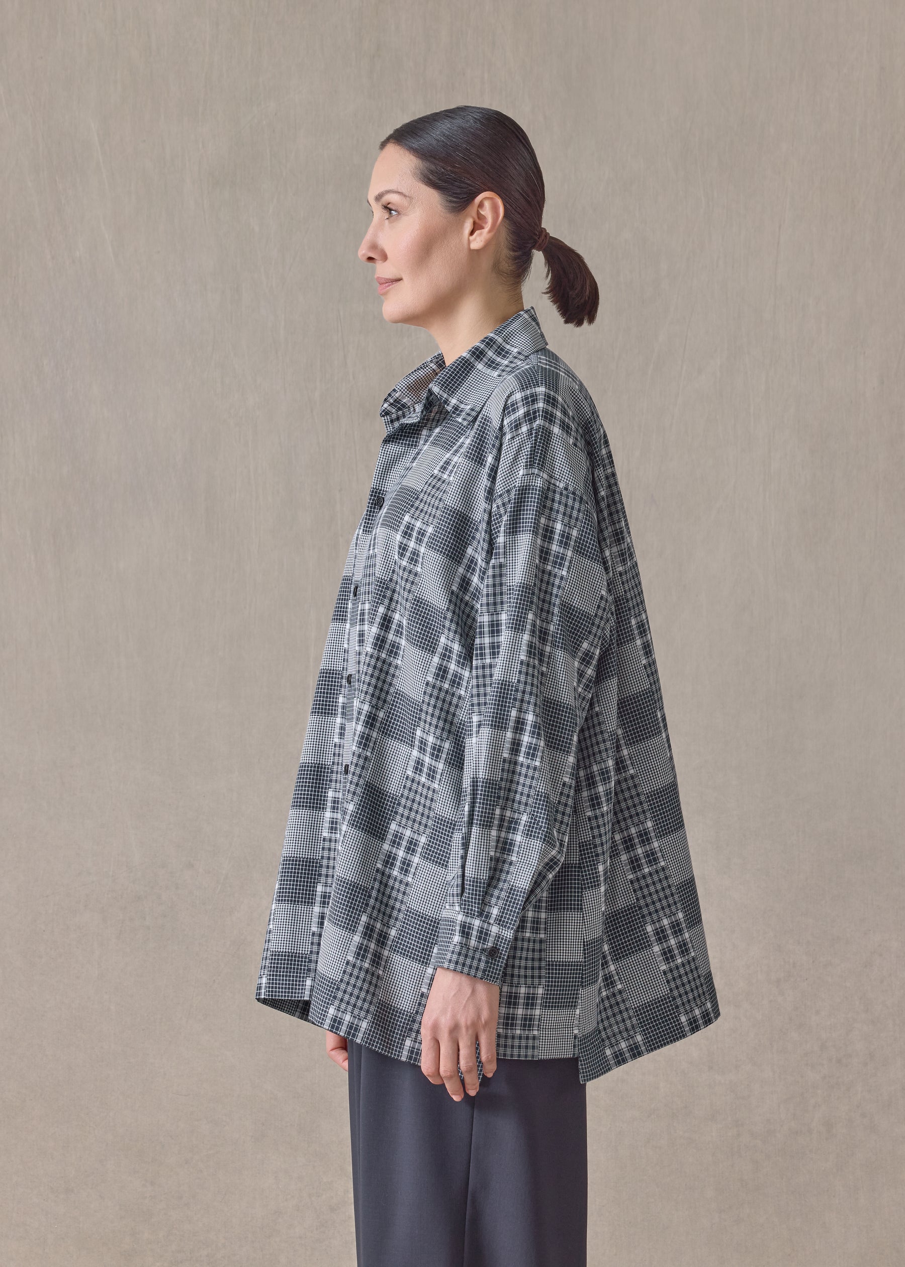 cotton slim a-line shirt with collar and stepped insert - long (navydark)