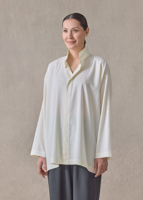 brushed cotton slim a-line shirt with double stand collar and stepped insert-long (cream)