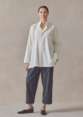 brushed cotton slim a-line shirt with double stand collar and stepped insert-long (cream)