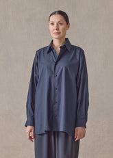 cotton poplin side panelled shirt with collar - long (navydark)