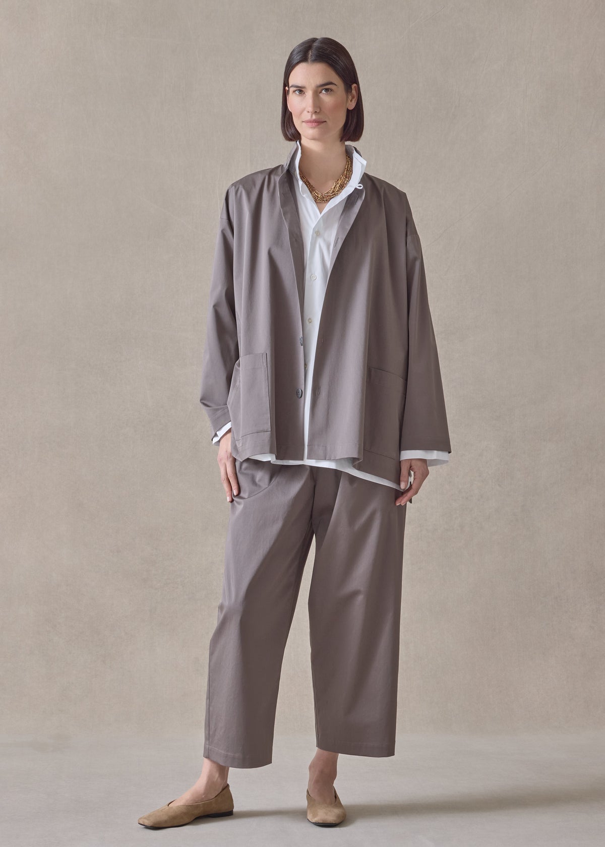 cotton stretch slim a-line double stand collar jacket with stepped insert-long (mocha)