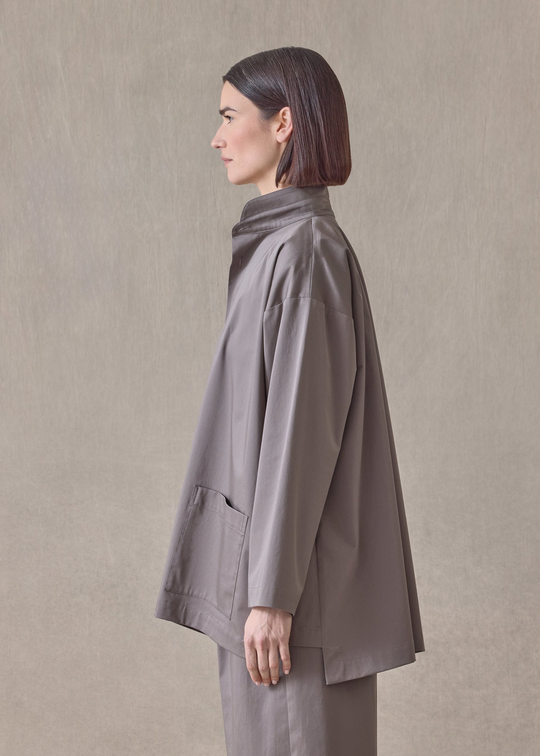 cotton stretch slim a-line double stand collar jacket with stepped insert-long (mocha)