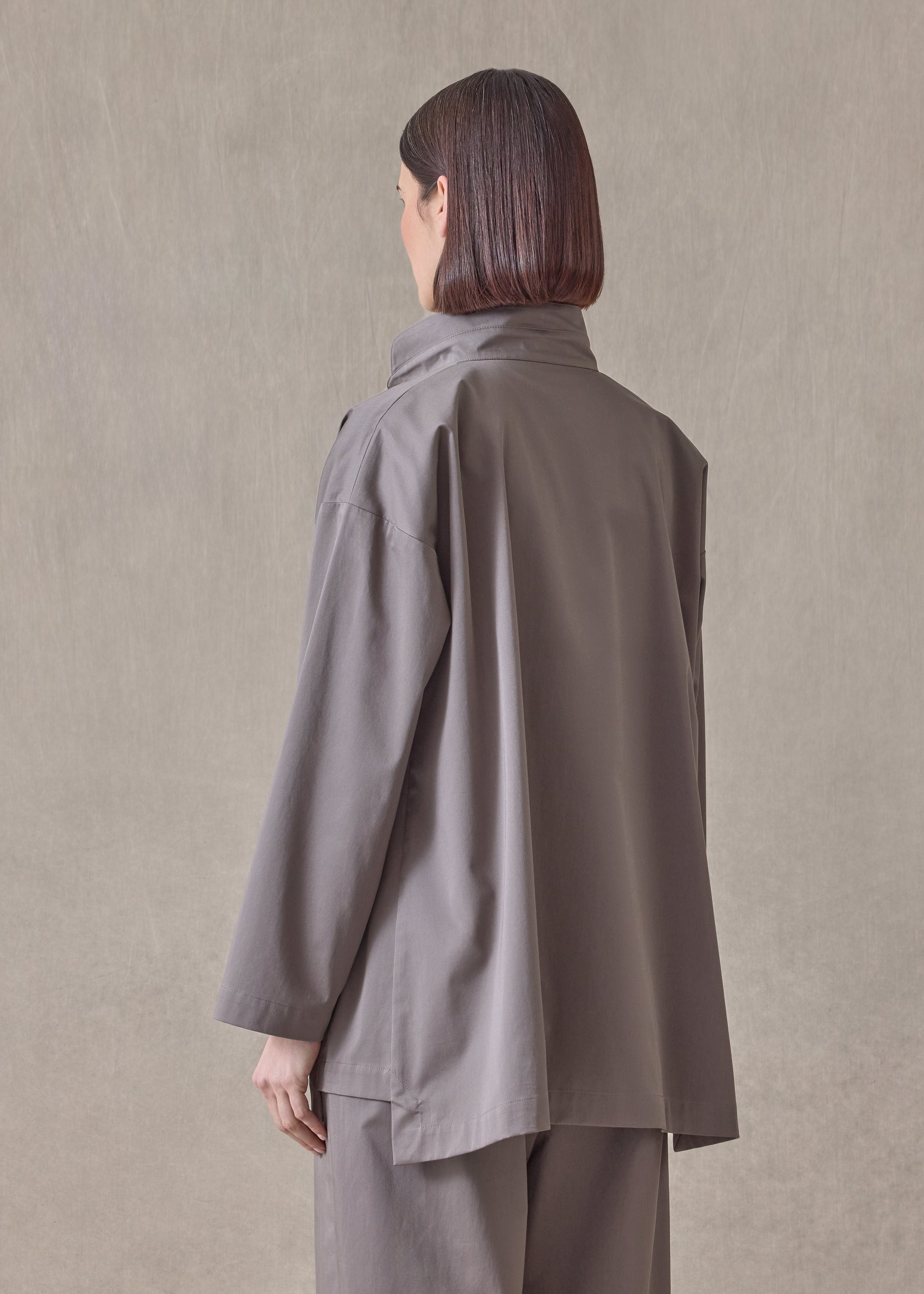cotton stretch slim a-line double stand collar jacket with stepped insert-long (mocha)