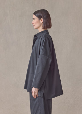 cotton stretch wide longer back jacket with collar - long (black)