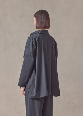 cotton stretch wide longer back jacket with collar - long (black)