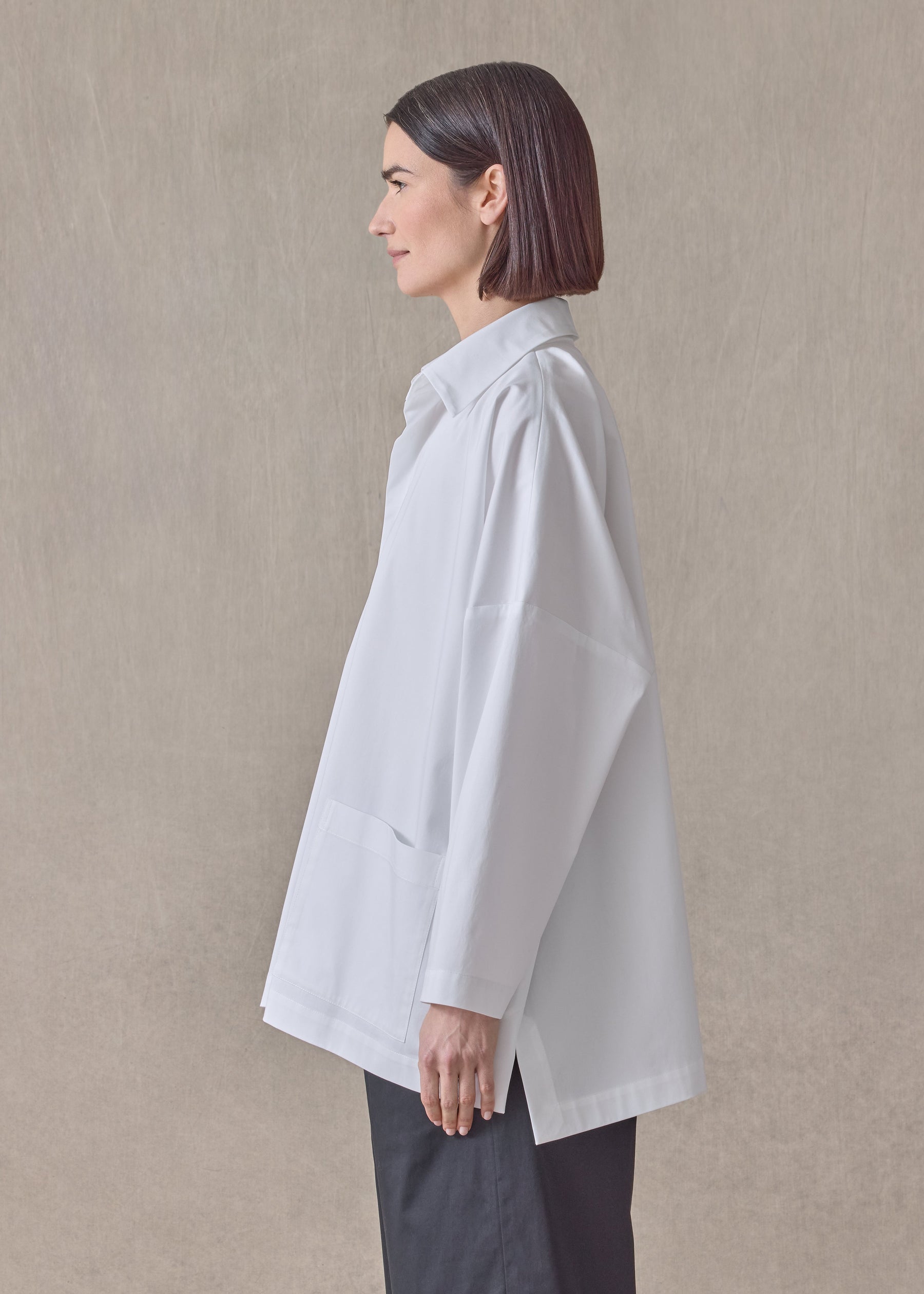 cotton stretch wide longer back jacket with collar - long (white)