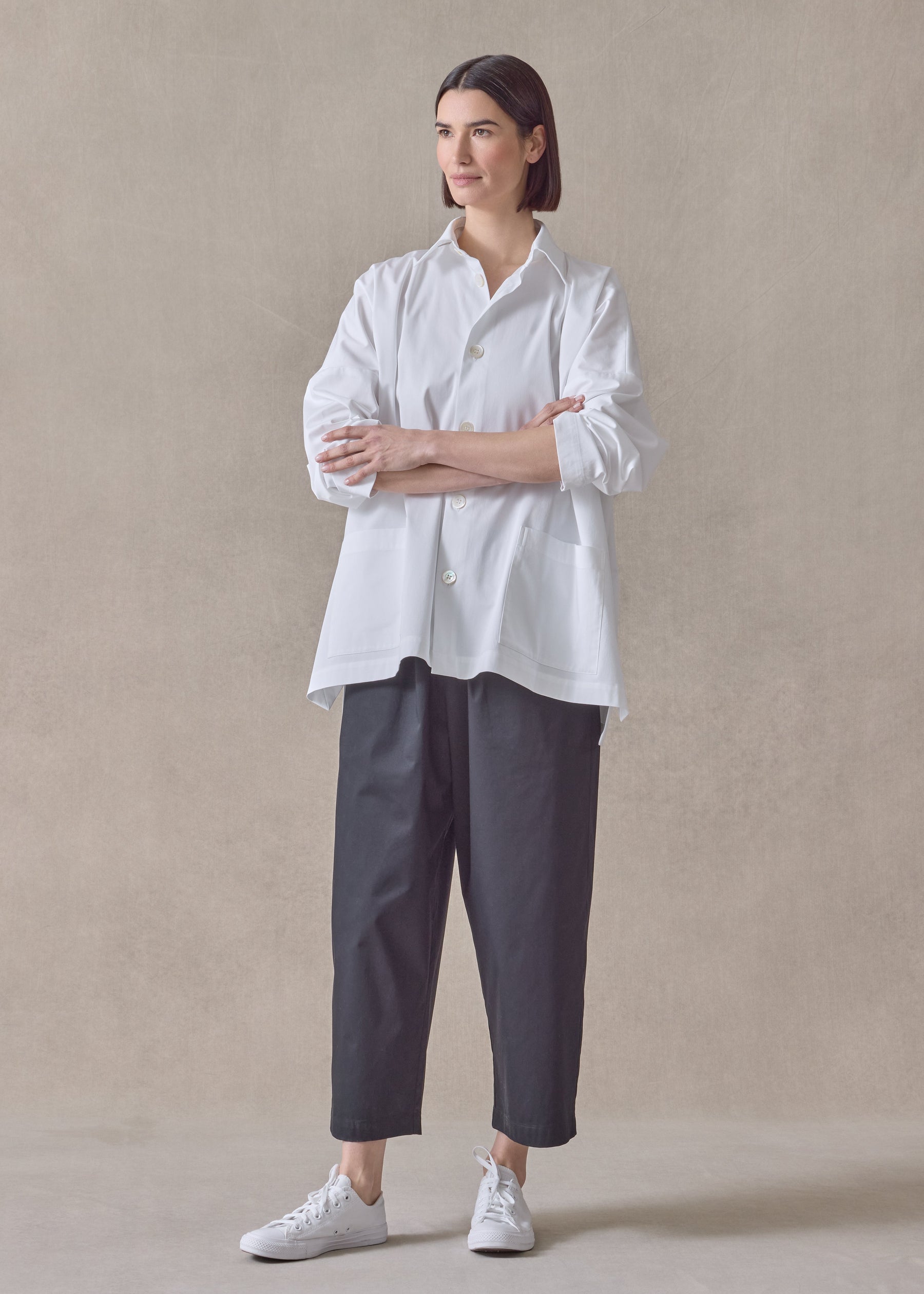 cotton stretch wide longer back jacket with collar - long (white)
