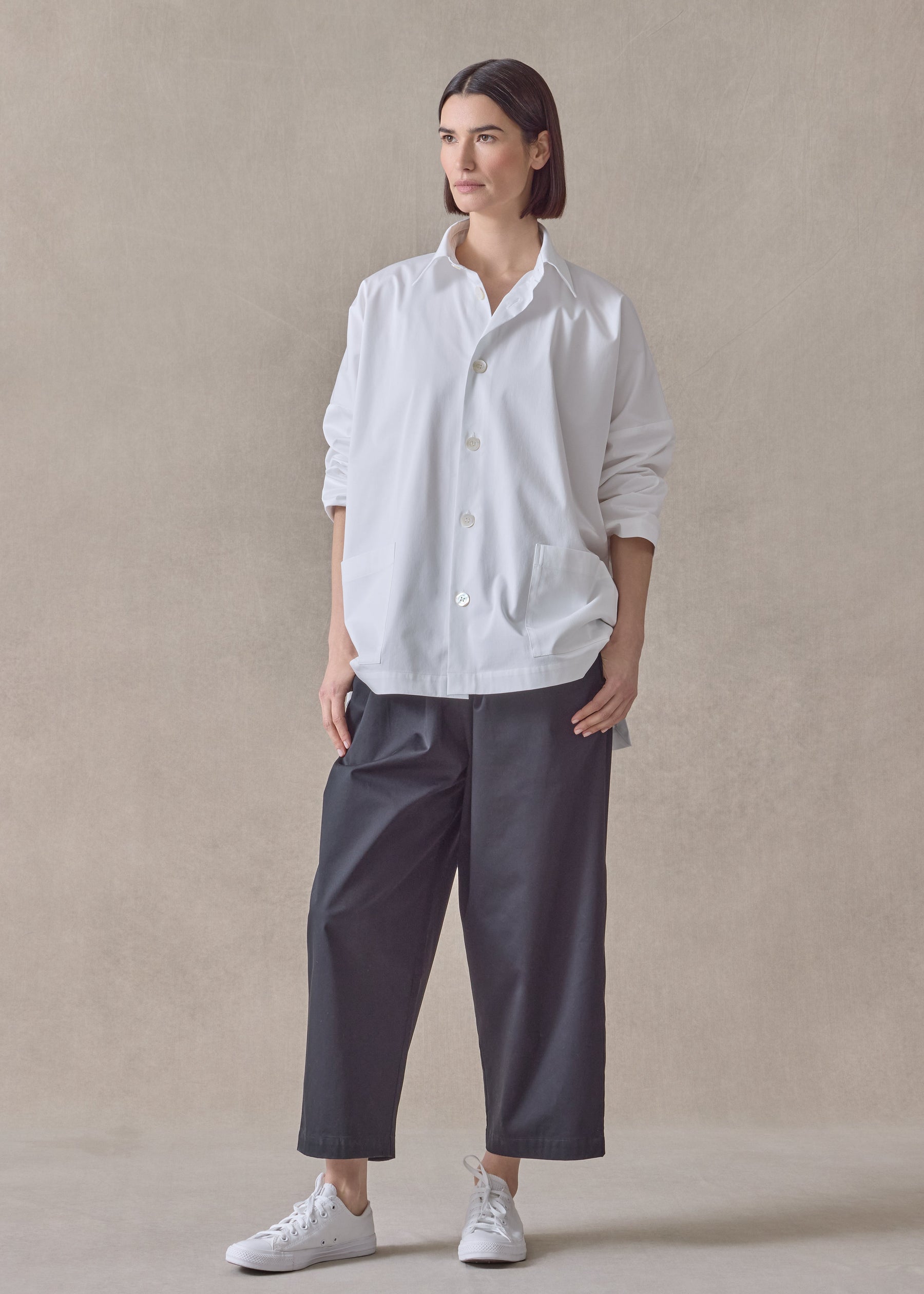 cotton stretch wide longer back jacket with collar - long (white)