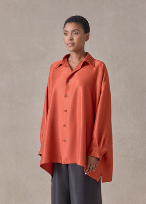 midweight silk plissé wide a-line shirt with collar - long (burntorange)