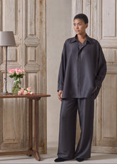 midweight silk plissé wide a-line shirt with collar - long (espresso)