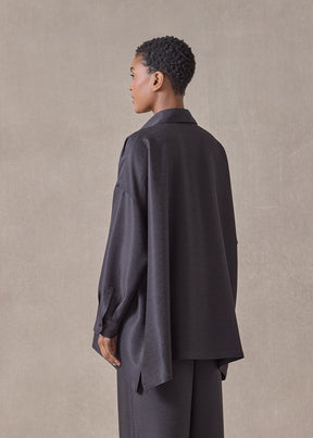midweight silk plissé wide a-line shirt with collar - long (espresso)