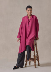 midweight silk plissé wide a-line collarless shirt - very long with slits  (magenta)