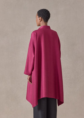 midweight silk plissé wide a-line collarless shirt - very long with slits  (magenta)