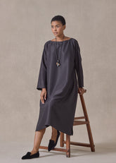 midweight silk plissé wide a-line scoop neck dress (espresso)