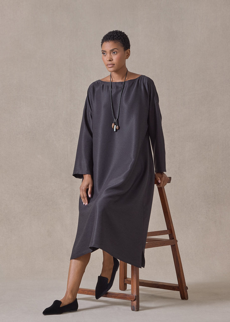 midweight silk plissé wide a-line scoop neck dress (espresso)