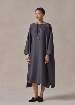 midweight silk plissé wide a-line scoop neck dress (espresso)