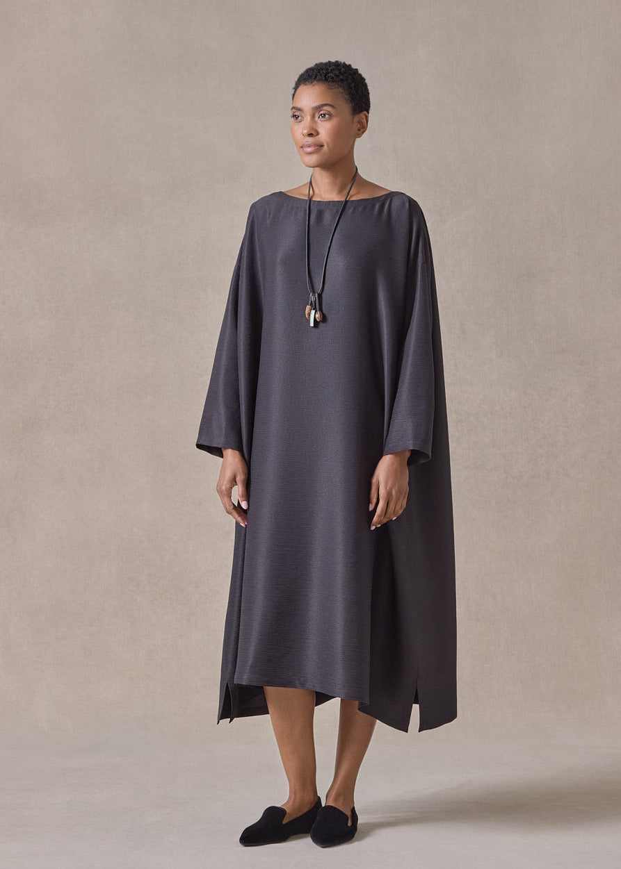 midweight silk plissé wide a-line scoop neck dress (espresso)
