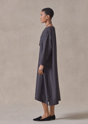 midweight silk plissé wide a-line scoop neck dress (espresso)