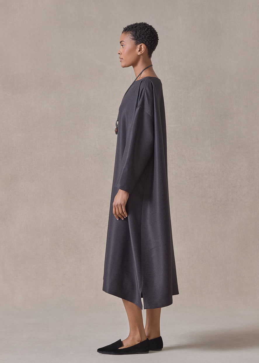 midweight silk plissé wide a-line scoop neck dress (espresso)