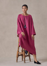 midweight silk plissé wide a-line scoop neck dress (magenta)