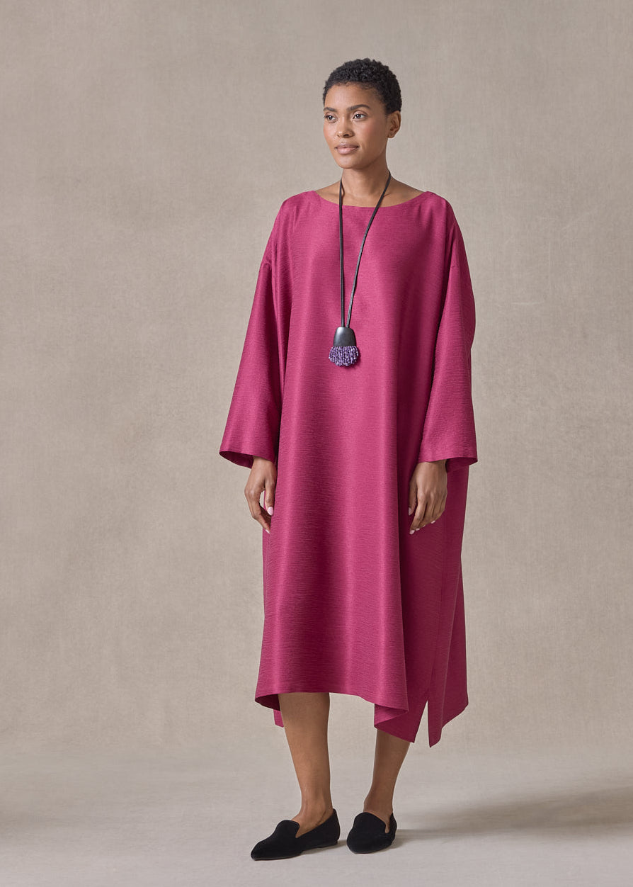 midweight silk plissé wide a-line scoop neck dress (magenta)