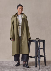 cotton mix extra wide sloped shoulder raincoat with tabs - 3/4 length (olivedark)