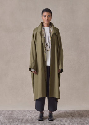 cotton mix extra wide sloped shoulder raincoat with tabs - 3/4 length (olivedark)