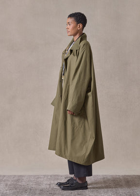 cotton mix extra wide sloped shoulder raincoat with tabs - 3/4 length (olivedark)