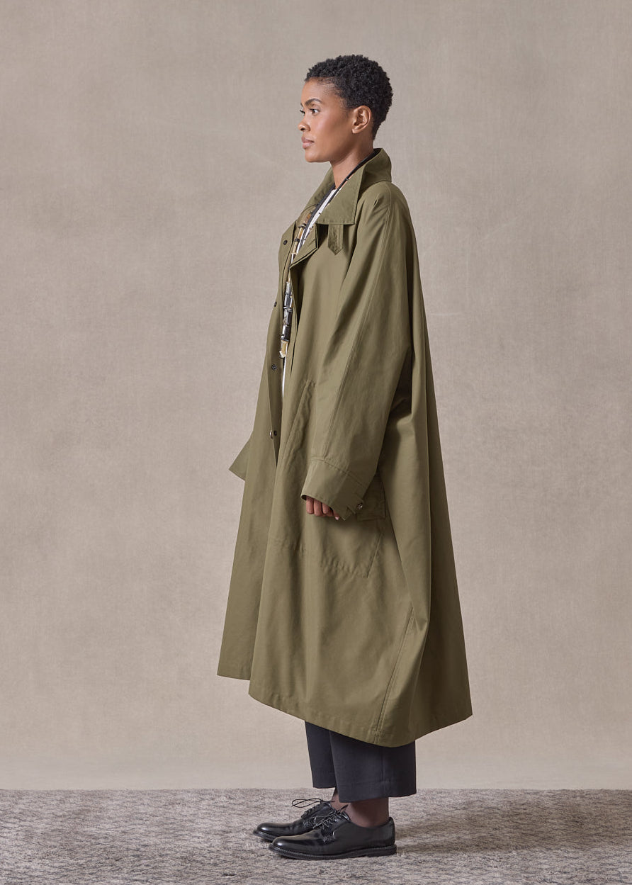 cotton mix extra wide sloped shoulder raincoat with tabs - 3/4 length (olivedark)