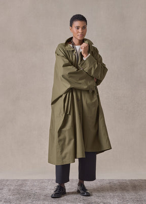 cotton mix extra wide sloped shoulder raincoat with tabs - 3/4 length (olivedark)