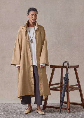 cotton mix smaller front larger back high neck raincoat with button away hood - full length (camel)