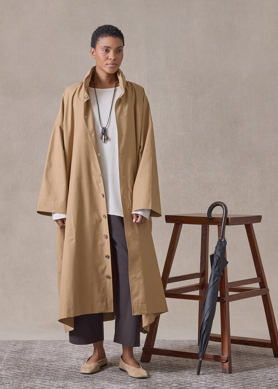 cotton mix smaller front larger back high neck raincoat with button away hood - full length (camel)